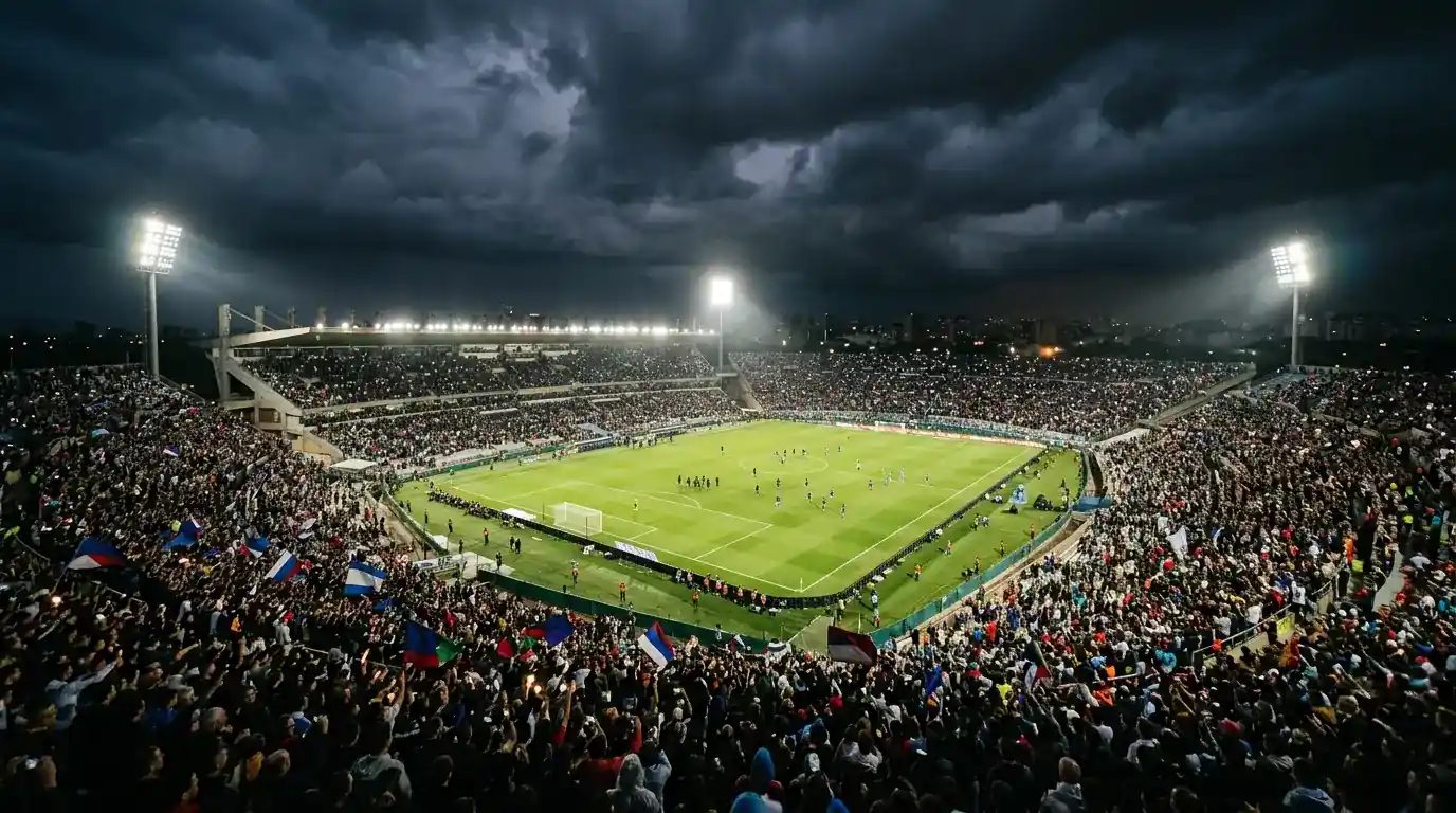 Panoramatický pohľad na veľký otvorený futbalový štadión vo večernom svetle s plnými tribúnami pred štvrťfinále majstrovstiev sveta