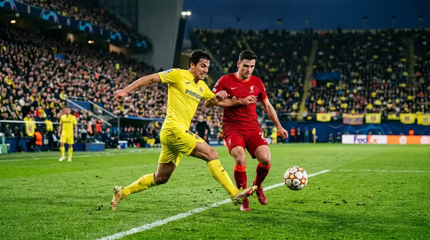 Dvaja futbalisti v žltom a červenom drese v súboji o loptu na večernom štadióne počas vyraďovacieho zápasu