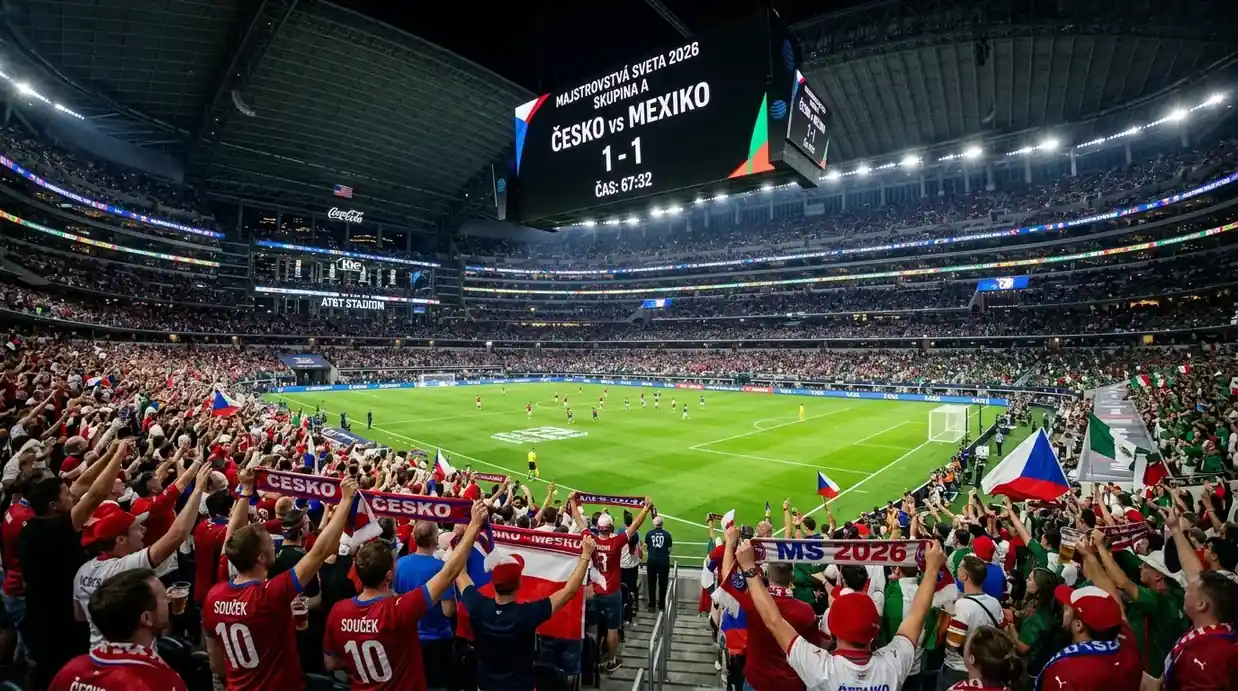 Atmosféra zápasu skupiny A na MS 2026 na veľkom štadióne, českí fanúšikovia v hľadisku
