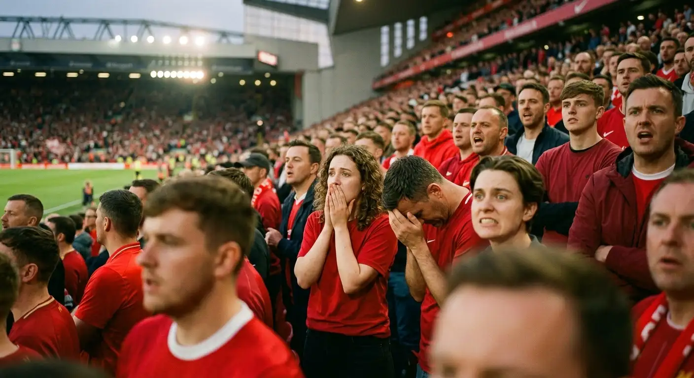 Futbaloví fanúšikovia v červených dresoch so zmiešanými výrazmi sledujú zápas na štadióne