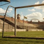 Historická fotografia futbalového štadióna počas medzinárodného turnaja