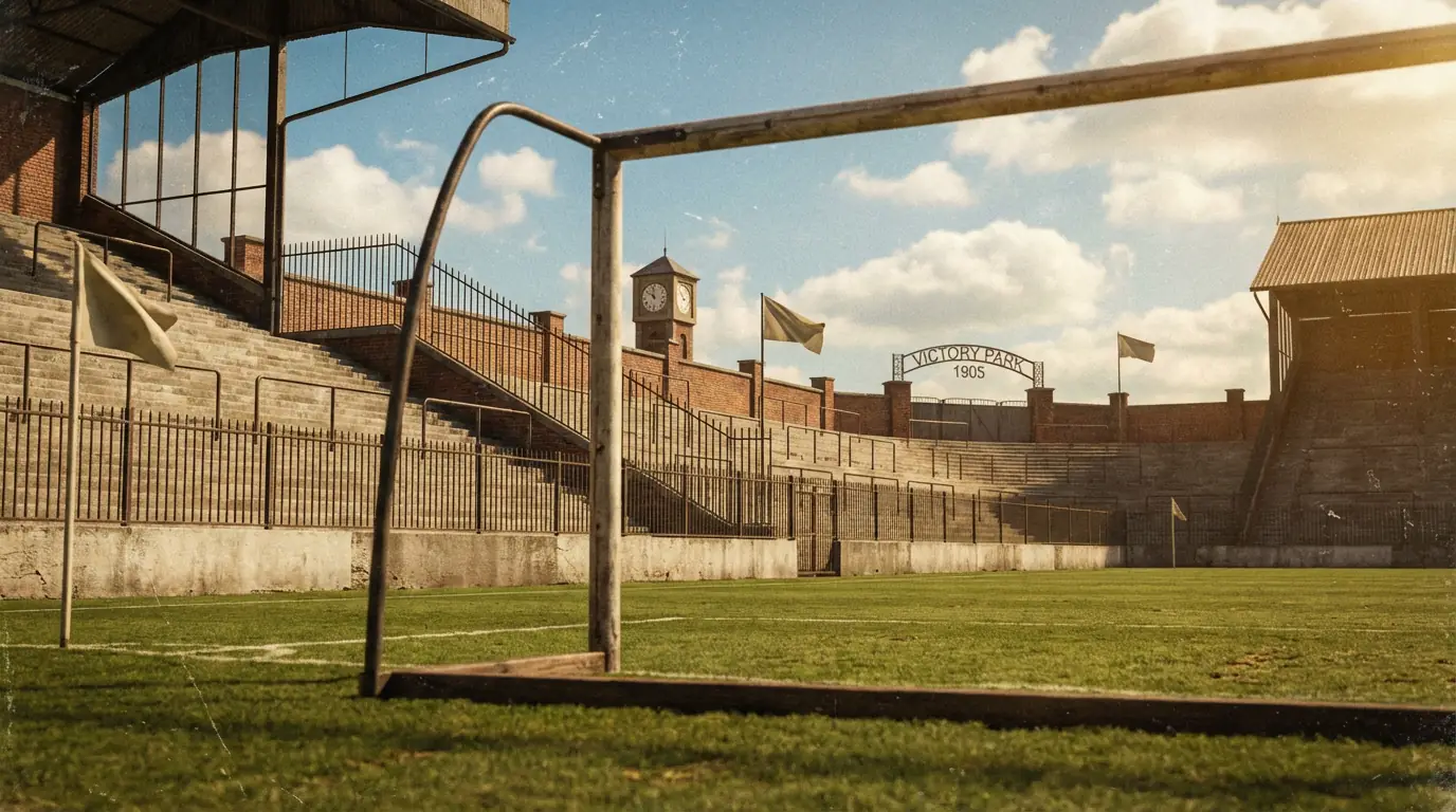 Historická fotografia futbalového štadióna počas medzinárodného turnaja