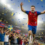 Futbalový útočník oslavujúci gól na veľkom štadióne počas medzinárodného zápasu
