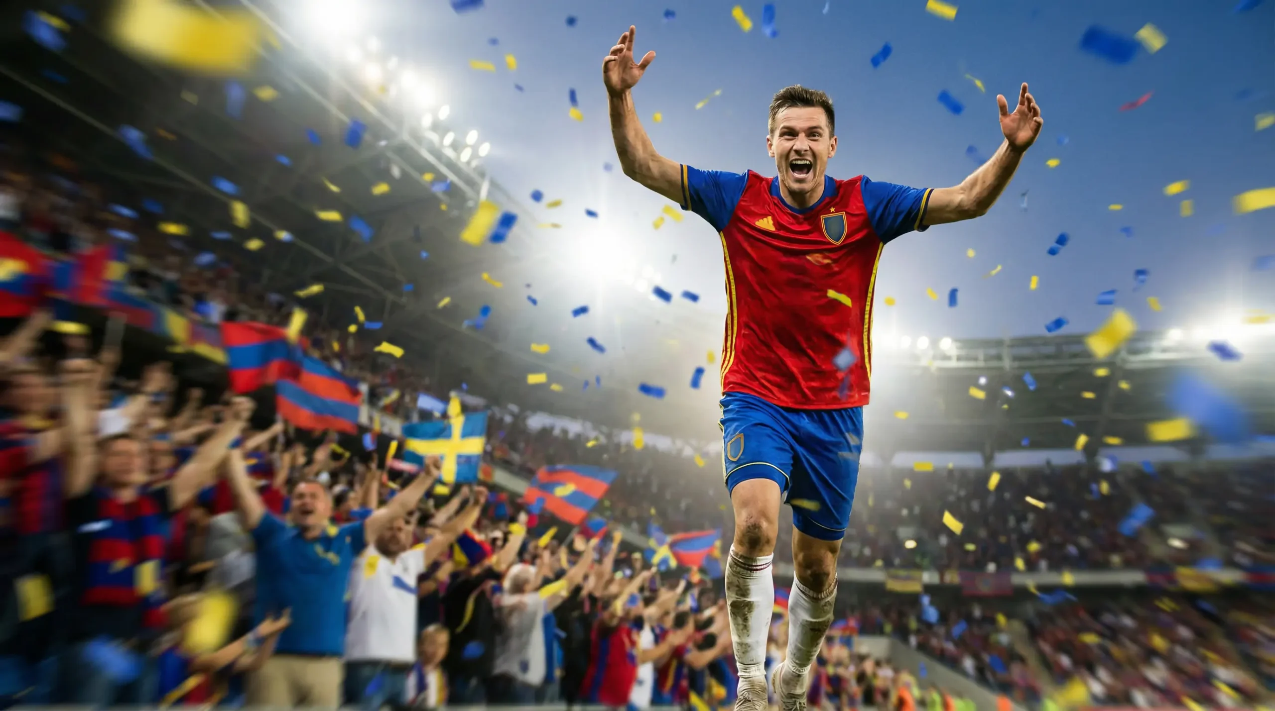 Futbalový útočník oslavujúci gól na veľkom štadióne počas medzinárodného zápasu