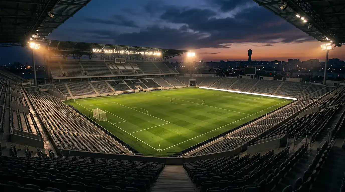 Prázdny osvetlený futbalový štadión za súmraku pred veľkým zápasom, silueta trofeje na horizonte.