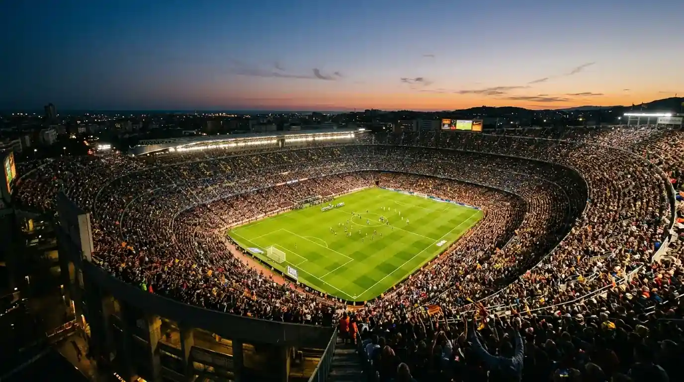 Panoramatický pohľad na veľký futbalový štadión vo večernom svetle s plnými tribúnami pred štvrťfinále majstrovstiev sveta