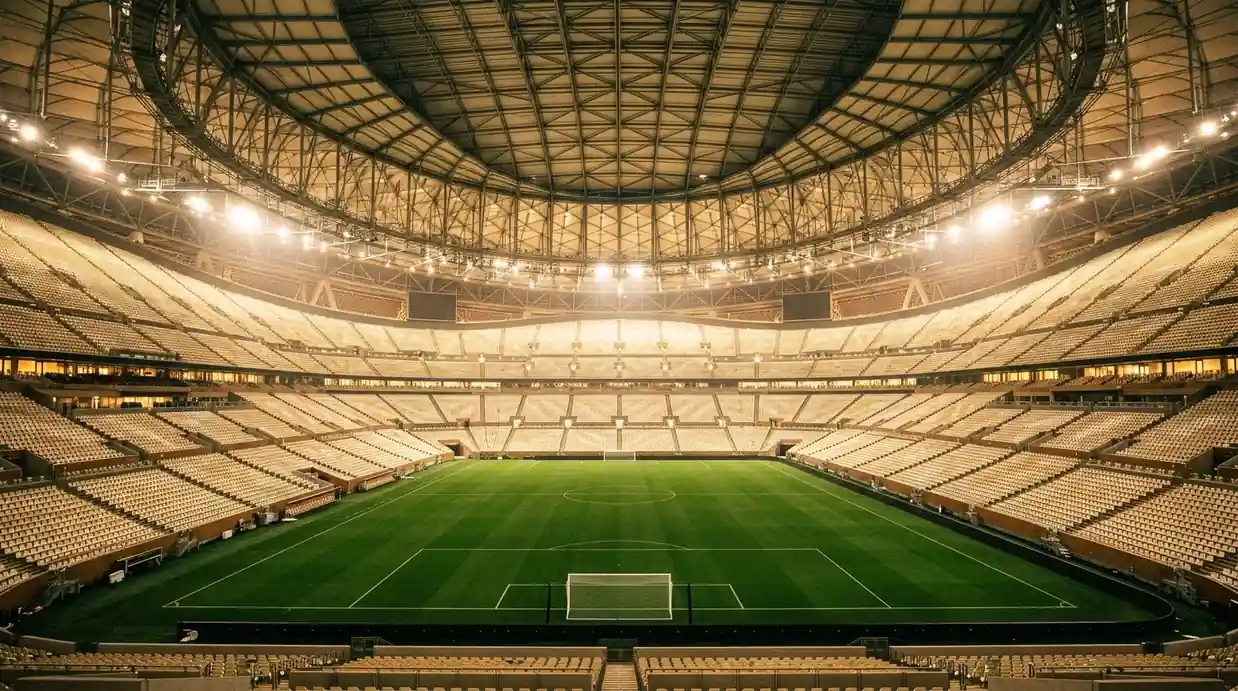 Panoramatický pohľad na veľký futbalový štadión s uzavretou strechou a rozsvietenými reflektormi pred semifinálovým zápasom majstrovstiev sveta