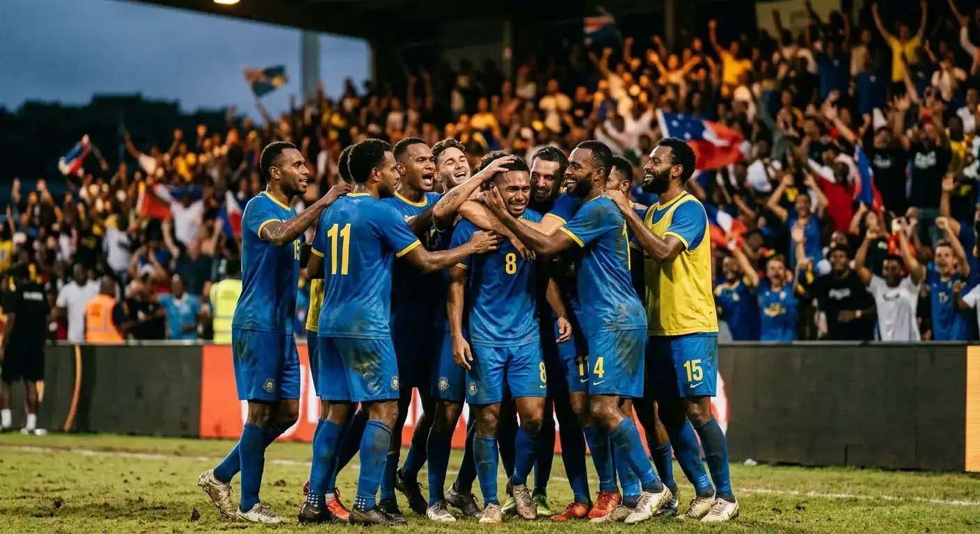 Futbalisti malého ostrovného tímu spoločne oslavujú postup pred fanúšikmi na štadióne