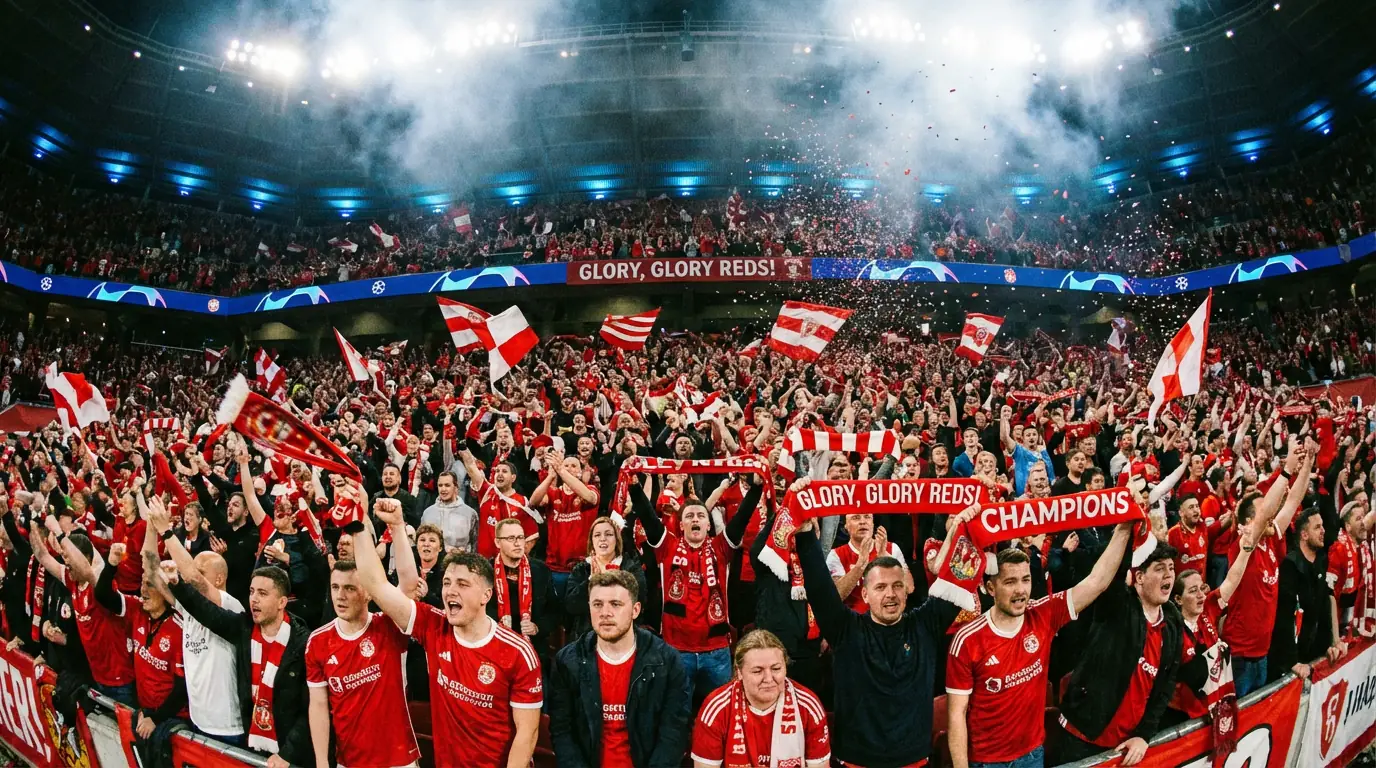 Futbaloví fanúšikovia v červených a bielych dresoch oslavujú gól na štadióne