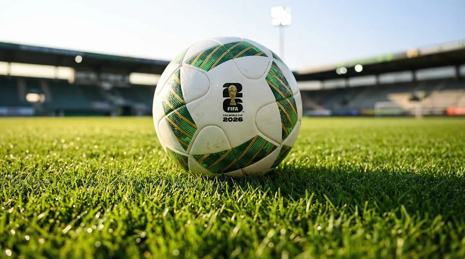 Futbalová lopta na zelenom trávniku moderného štadióna pred zápasom MS 2026