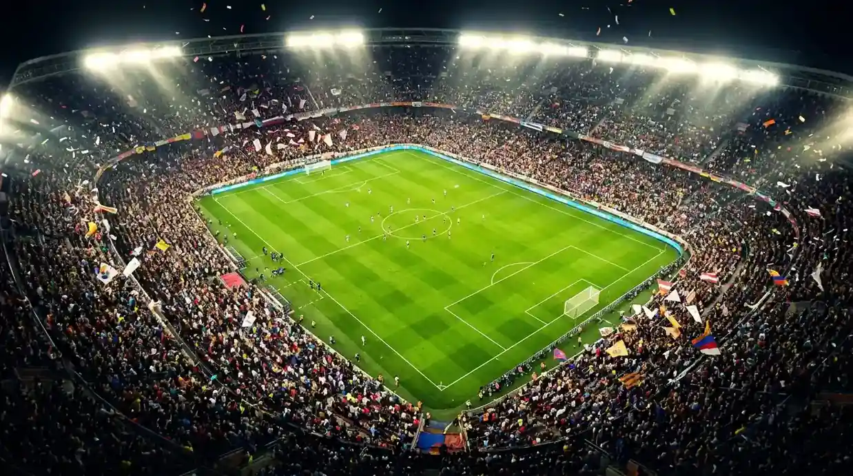 Letecký pohľad na futbalový štadión plný divákov počas finále, svetlá žiaria, v strede hracej plochy logo a vlajky, filmové osvetlenie.