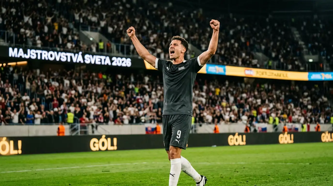 Útočník oslavuje gól na MS 2026, v pozadí rozsvietený štadión a fanúšikovia