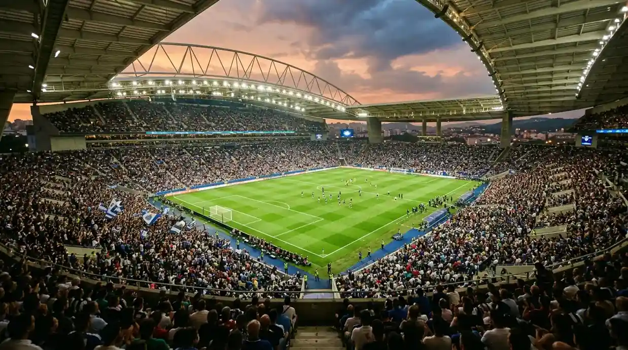 Panoramatický pohľad na veľký futbalový štadión vo večernom svetle s plnými tribúnami pred štvrťfinále majstrovstiev sveta