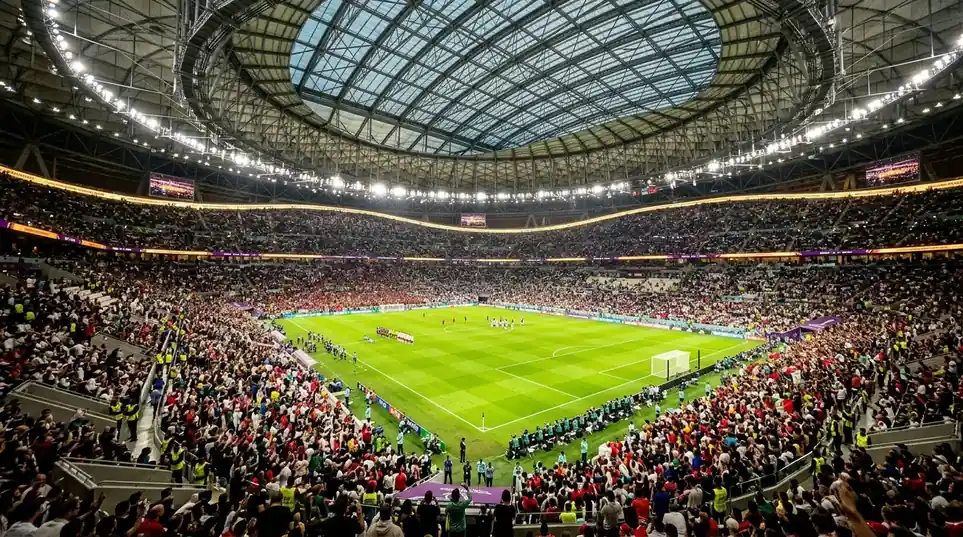 Panoramatický pohľad na moderný futbalový štadión s uzavretou strechou a rozsvietenými tribúnami pred štvrťfinále majstrovstiev sveta