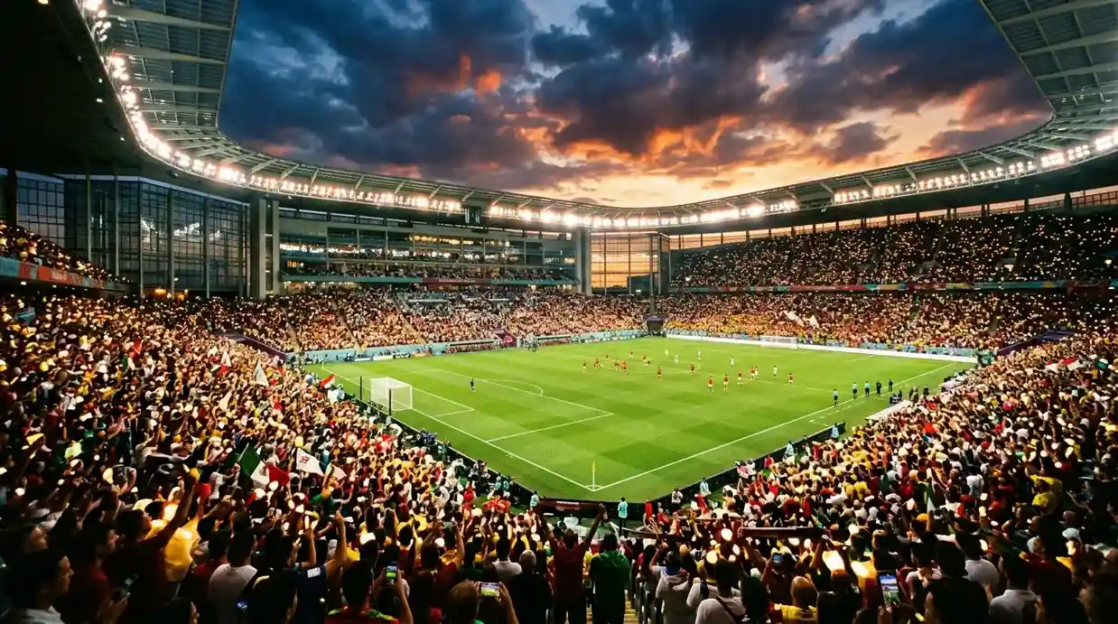 Panoramatický pohľad na moderný futbalový štadión za súmraku s rozsvietenými reflektormi pred vyraďovacím zápasom majstrovstiev sveta