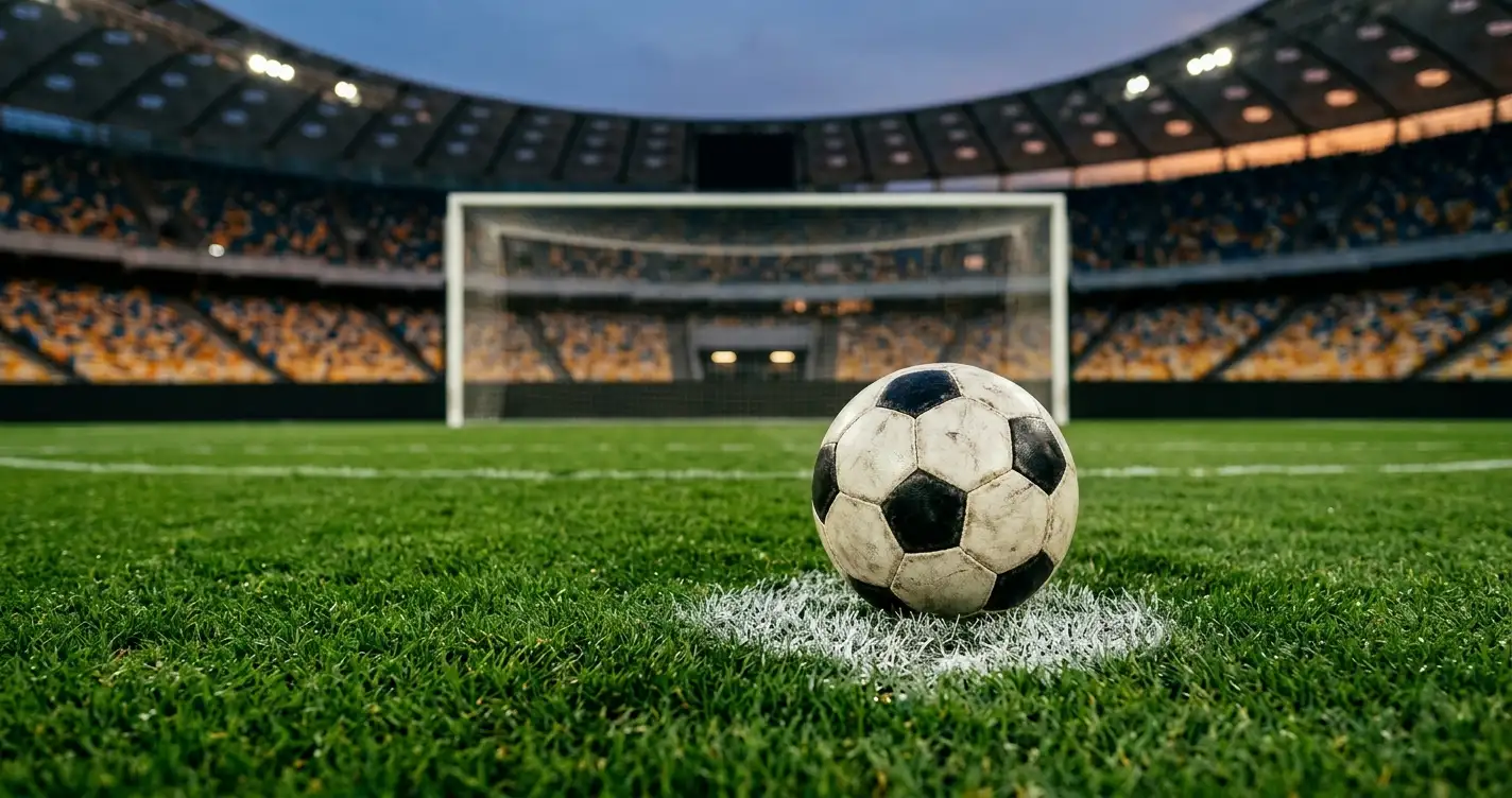 Detail futbalovej lopty na značke pre pokutový kop na osvetlenom štadióne pred večerným zápasom