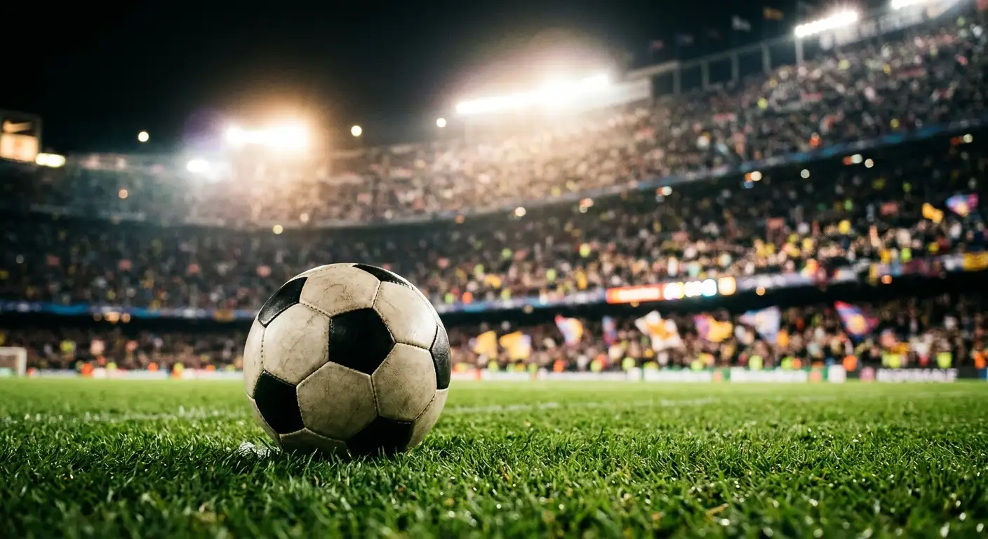 Futbalová lopta na trávniku osvetleného štadióna, v pozadí rozmazané tribúny
