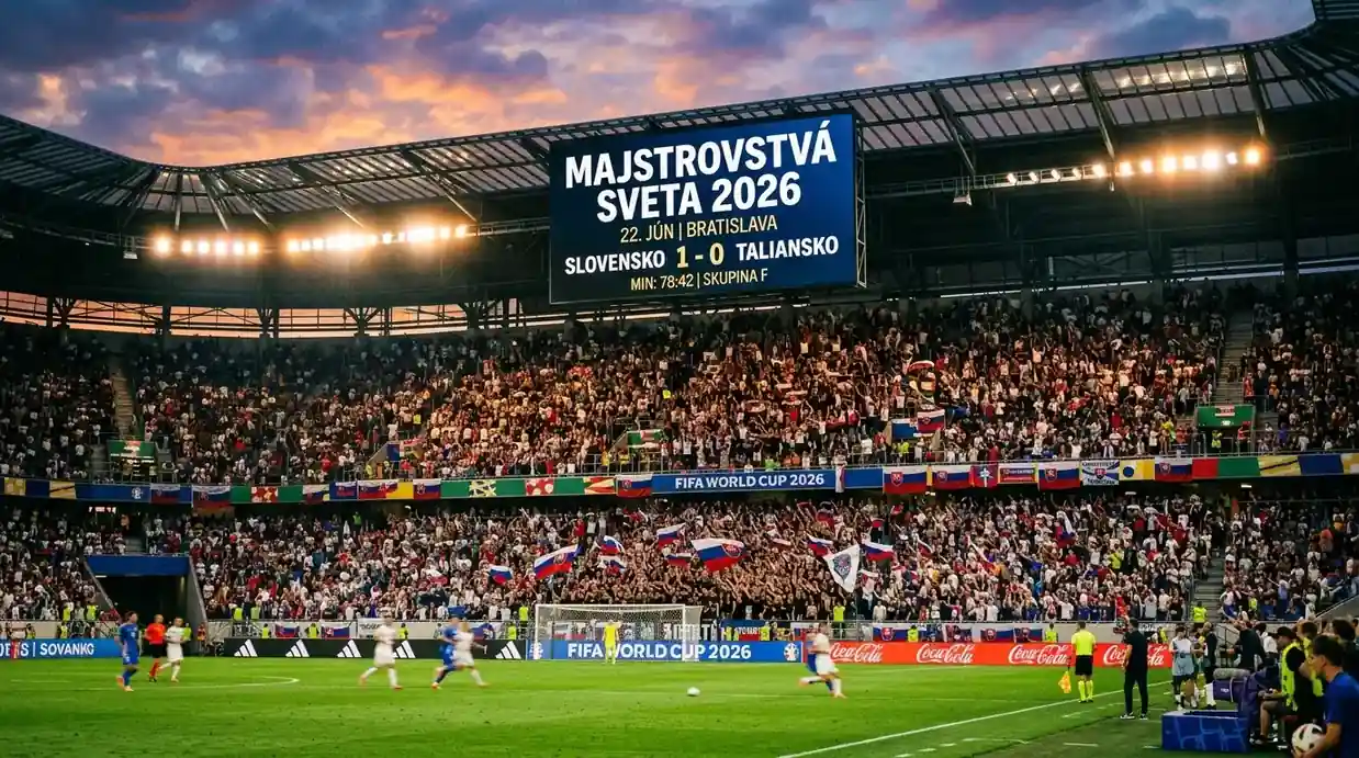 Atmosféra večerného hracieho dňa MS 2026 na štadióne v Severnej Amerike s rozsvietenou výsledkovou tabuľou